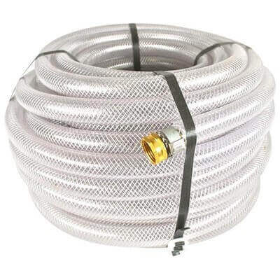 Clear braided 3/4 inch hose coiled on white background